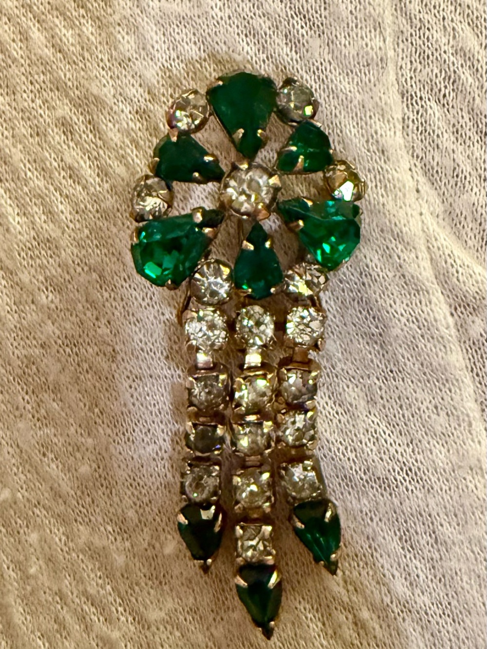 Vintage M&S 12K Gold Filled Cascading Emerald Green & Clear Rhinestone Brooch